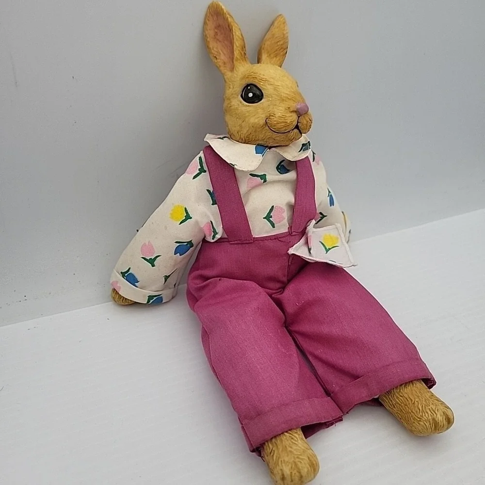 Carlton Cards Ceramic  Bunny Rabbit with Pink‎ Overalls Shelf Sitter